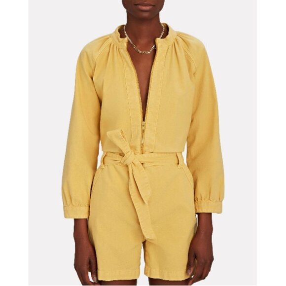 💕MOTHER DENIM💕 Gatherer Short Romper ~ So Far Gone - Rattan Yellow Size Small - Picture 4 of 16